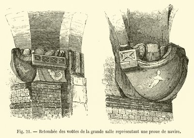 Gewelfribben van de grote zaal die een scheepsboeg voorstellen door French School