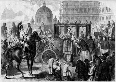 Terugkeer van paus Pius IX (1792-1878) naar Rome. Gravure in 