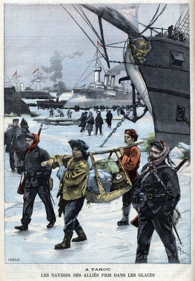 Opstand van de Boksers (1898-1900) de schepen van de geallieerden in het ijs Atakou. in 