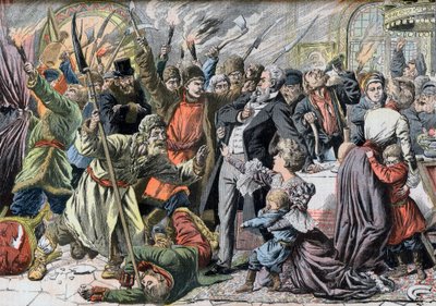 Revolutie van 1905 - Opstandige Russische boeren vallen een landhuis binnen. Jacquerie in de Russische provincies. Invasie van een kasteel door Russische boerenopstanden. Illustratie voor Le petit Journal, 2 april 1905. door French School