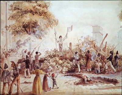 Revolutie van juli in Parijs - Barricade op Boulevard Saint Martin op 1 augustus (aquarel, ca. 1830) door French School