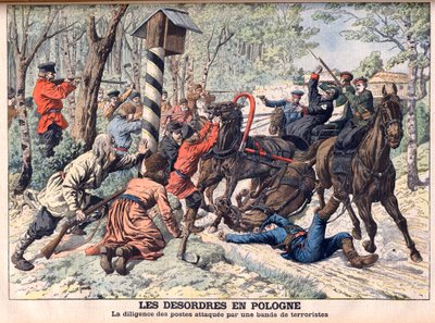 Revolutionair in Polen - Terroristen die een postkoets aanvallen in Polen. De wanorde in Polen. Postkoets aangevallen door een bende terroristen. Illustratie voor Le Petit Journal door French School