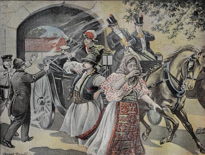 Revolveraanval op Milan Obrenovich (1854-1901) voormalig koning van Servië (1882 tot 1889) op 7 juli 1899 in de straten van Sofia. Gravure in 