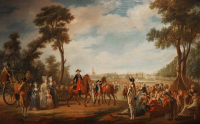 Revue en parade van het Regiment van Condé in Straatsburg tussen 1779 en 1781. door French School