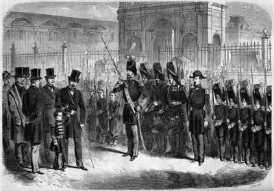 Revue van de pupillen van de keizerlijke garde door de keizerlijke prins, Napoleon Eugene Louis Jean Joseph Bonaparte (1856-1879), zoon van Napoleon III, 15 februari door French School
