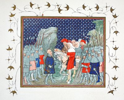 Richard II verraden bij Penmaur Rhos en gevangen genomen door de hertog van Northumberland, facsimile kopie uit Le Prinse et Mort du Roy Richart door Jean Creton, herdrukt 19e eeuw door French School