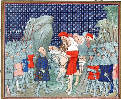Richard II verraden bij Penmaur Rhos en gevangen genomen door de hertog van Northumberland, facsimile kopie uit Le Prinse et Mort du Roy Richart door Jean Creton, herdrukt 19e eeuw door French School