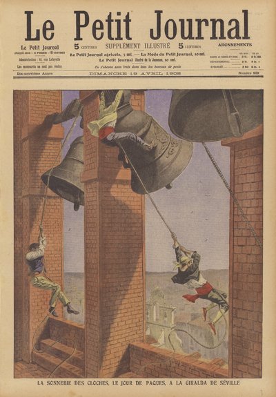Het luiden van de klokken van de Giralda, klokkentoren van de kathedraal van Sevilla, op paaszondag (kleurenlitho) door French School