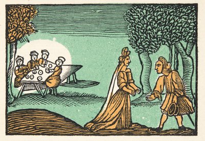 Riquet met de kuif, uit Histories or Tales of Past Times verteld door Moeder de Gans, met moraal, door M Perrault, pub. 1925 (handgekleurde houtsnede) door French School