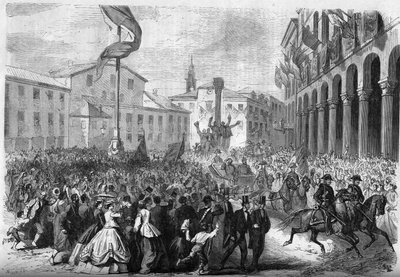 Risorgimento - Annexatie van Venetië bij Italië - 1866: binnenkomst van de Italiaanse koning Vittorio Emanuele II (Victor Emmanuel II) (Victor Emmanuel) (1820-1878) in Rovigo. Gravure in 