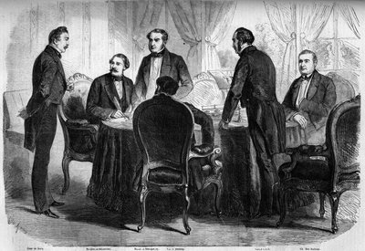 Risorgimento - Verdrag van Zürich - 10 november 1859: ondertekening van het Verdrag van Zürich door de gevolmachtigden van Frankrijk, Oostenrijk en Sardinië. Oostenrijk moet Lombardije aan Italië afstaan. Gravure in 