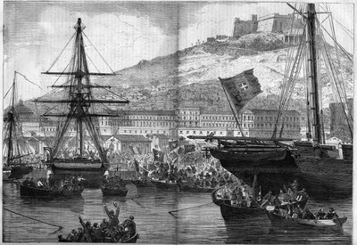 Risorgimento, Napels, 21 oktober 1860: stemming van de marine over de aansluiting van de stad bij het Koninkrijk Italië. Gravure in 