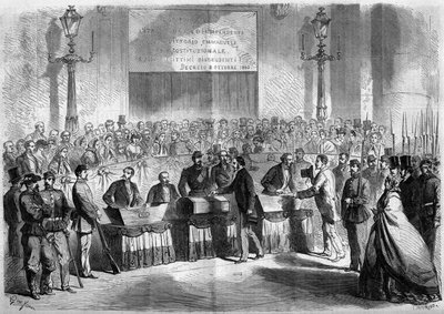 Risorgimento, Napels, 21 oktober 1860: stemming van de bevolking in de kerk van Saint Francois de Paule over de aansluiting van de stad bij het Koninkrijk Italië. Gravure in 