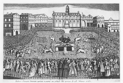 Robert-Francois Damiens geëxecuteerd op de Place de Grève, Parijs, 28 maart 1757 door French School