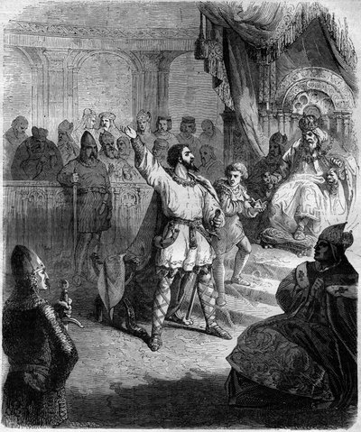 Robert de Hauteville genaamd Guiscard of de Sluwe (1015-1085) erkent zichzelf als vazal van de Heilige Stoel. Gravure in 