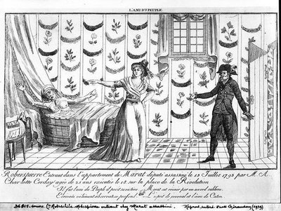 Robespierre betreedt het appartement van Marat door French School