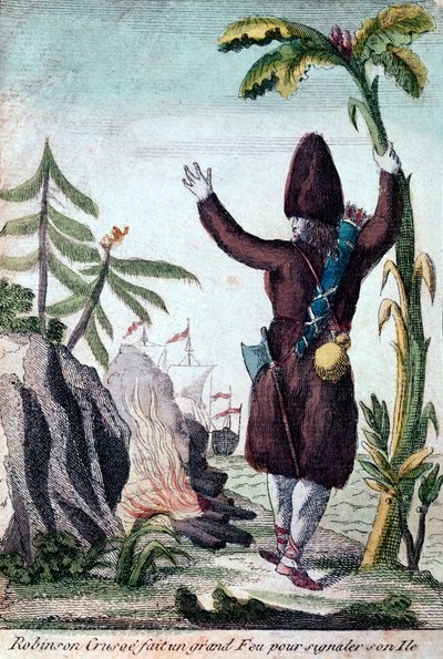 Robinson Crusoe maakt een vuur om aandacht te trekken naar zijn eiland, Imagerie Basset (kleurgravure) door French School