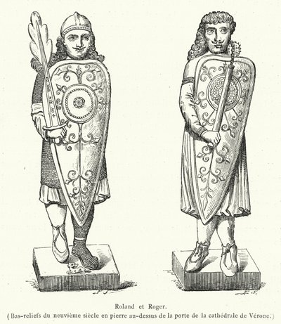 Roland en Roger, Bas-reliëfs uit de negende eeuw in steen boven de deur van de kathedraal van Verona (gravure) door French School