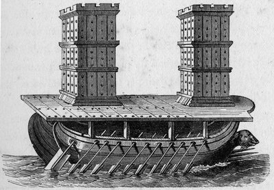 Romeins schip met torens. Gravure in 