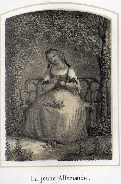 Romantiek: een jonge Duitse vrouw die op een bankje zit en een madeliefje plukt, denkend aan haar geliefde. Anonieme gravure uit de 19e eeuw door French School