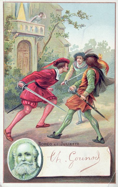 Romeo vecht met Tybalt in Gounods opera Romeo en Julia, aangepast van het toneelstuk van William Shakespeare (1564-1616) door French School