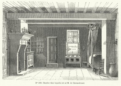 Kamer in het Hotel de France in St Malo, Bretagne, waar de Franse schrijver en politicus Francois-Rene de Chateaubriand werd geboren door French School