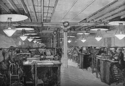 Kamer van vrouwelijke telegrafisten in het centrale kantoor van het Ministerie van Posten en Telegrafen verlicht met elektrisch licht door voltaïsche booglampen (systeem cance), Parijs 1883 door French School