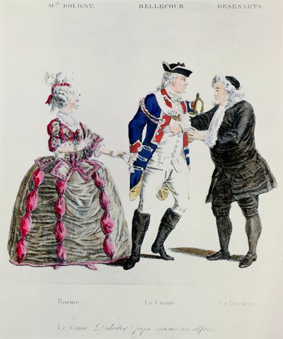 Rosine, Graaf Almaviva en de Dokter, scène uit Act II scène 13 van De Barbier van Sevilla door Pierre Augustin Caron de Beaumarchais (1732-99) door French School