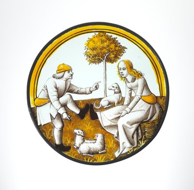 Rondel met koppel dat Quintain speelt, c.1500 (glas, glazuurverf en zilvervlek) door French School