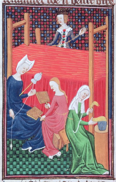 Gaia Caecilia of Tanaquil, met weefgetouw en vrouwen die spinnen, uit `De Claris Mulierbus