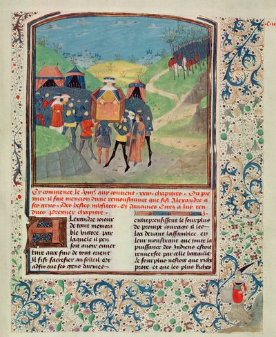 Alexander de Grote spreekt zijn mannen toe in de hoop hen te overtuigen om door te gaan naar India, uit Quinte Curse Ruffe des Fais du Grant Alexandre, c.1468 door French School