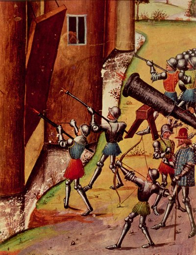 Soldaten gewapend met handkanonnen belegeren een kasteel, uit Quinte Curse Ruffe des Fais du Grant Alexandre, c.1468 door French School