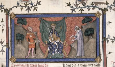 Koning Karel V (1337-80) van Frankrijk op de troon met kroon, zwaard en scepter tussen een ridder en een klerk door French School