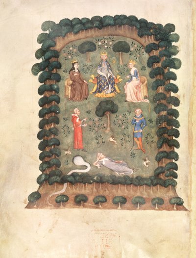 Karel V op de troon in de tuin met kroon en scepter, uit de 