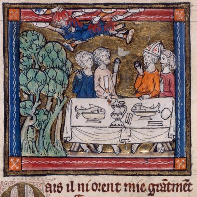 Royal 14 E. III, f.76v Zeven handen werpen vuur op Moys, illustratie uit 