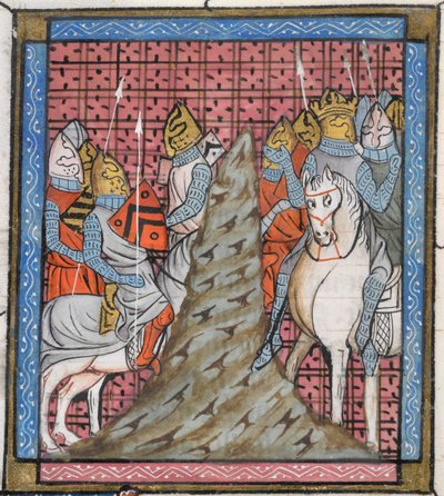 Detail van een miniatuur van de verdeling van een kruisvaardersleger tijdens het oversteken van een berg, illustratie uit 