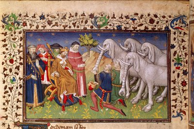 Royal 20 B. XX, fol.82v, Alexander krijgt witte olifanten, uit 
