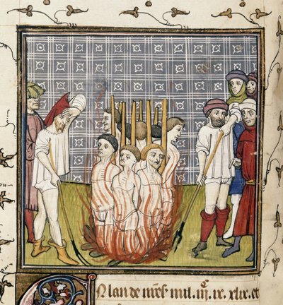 Royal 20 C. VII, f.44v Verbranding van Tempeliers, illustratie uit de 