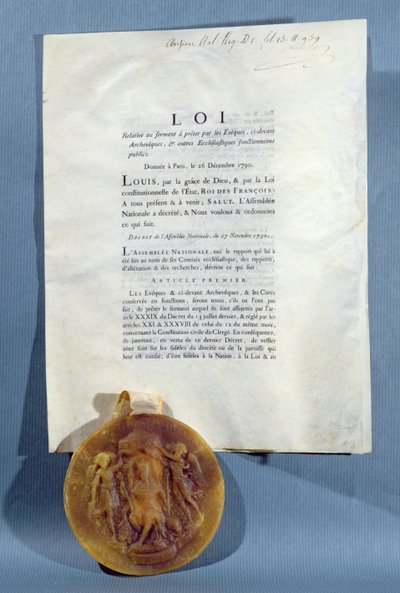 Koninklijk besluit van Lodewijk XVI waarin de verplichting van Franse bisschoppen en priesters wordt bevestigd om een eed van trouw aan de Civiele Grondwet van de Geestelijkheid af te leggen, 16 december 1790 door French School