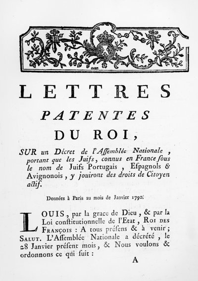 Koninklijk Octrooi dat gelijke rechten verleent aan Portugese, Spaanse en Avignonese Joden in Frankrijk, Parijs, 28 januari 1790 door French School