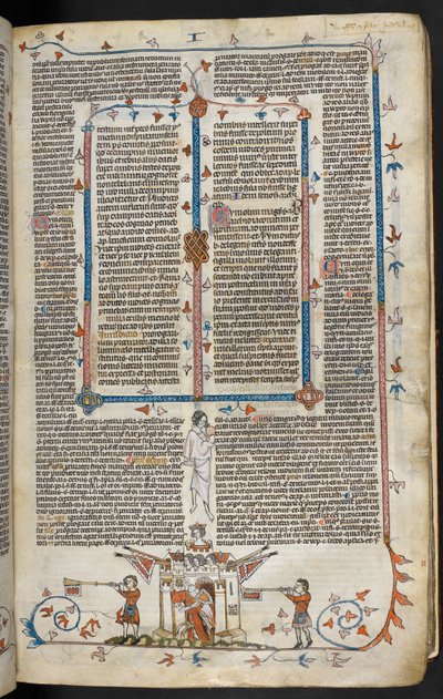 Bas-de-page scène van een ridder die uit een kasteel komt, c.1300-40 door French School