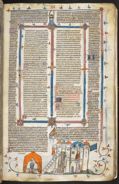 Royal MS 10 iv f.202r Aanval op een versterkt kasteel en marginale decoratie, illustratie uit 