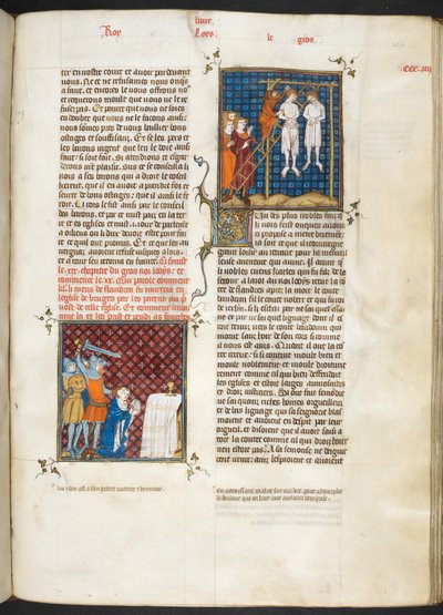 Royal MS 16 G. VI, f.306r, Moord op Charles, graaf van Vlaanderen opgehangen (Louis VI, boek 20), uit Les Grandes Chroniques de France door French School