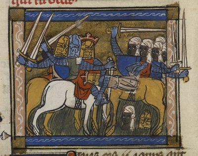 Royal MS 19 D I, f.77v Slag van Dzjengis Khan en Prester John, uit 