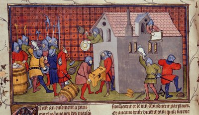 Royal MS 20 CVII f.41v, Plundering van een huis (perkament) door French School