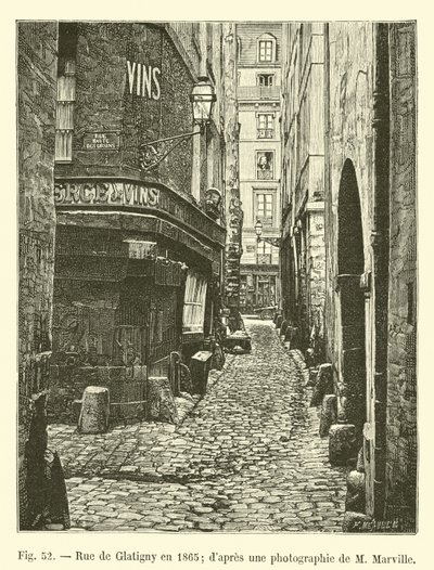 Rue de Glatigny in 1865; naar een foto van M. Marville door French School