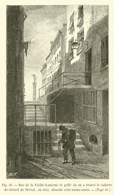 Rue de la Vieille-Lanterne en hek waar het lijk van Gérard de Nerval werd gevonden in 1855, gesloopt datzelfde jaar door French School