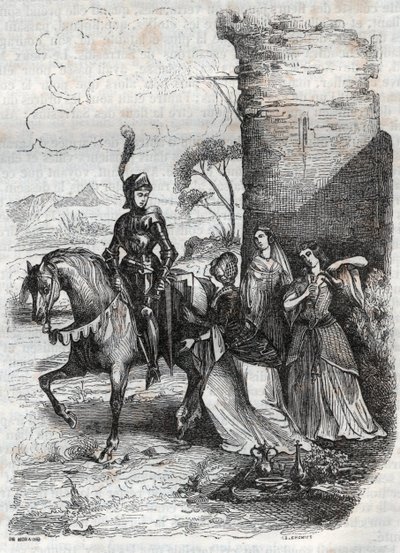 Ruggiero en drie nimfen van het hof van Alcina - gravure uit 1851 van het gedicht Orlando furioso door French School