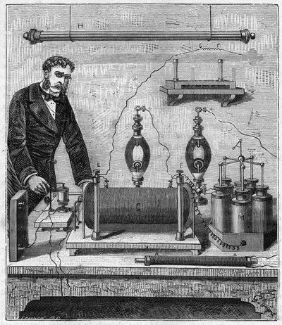 Ruhmkorff-inductor - De inductiespoel van Ruhmkorff (Heinrich Daniel Ruhmkorff) - Gravure in 