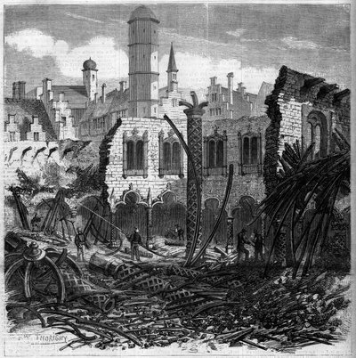 Ruïnes van de Antwerpse Beurs (België) na een brand door French School